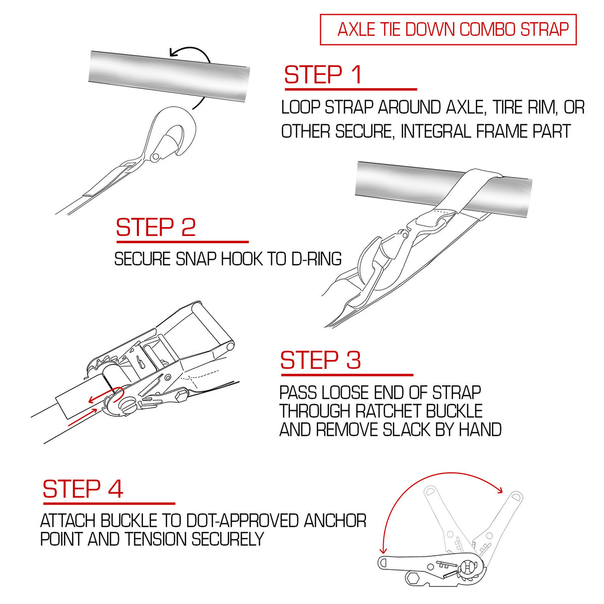 VULCAN Axle Tie Down Combo Strap with Snap Hook Ratchet - 2 Inch x 114 Inch - 4 Pack - PROSeries - 3,300 Pound Safe Working Load