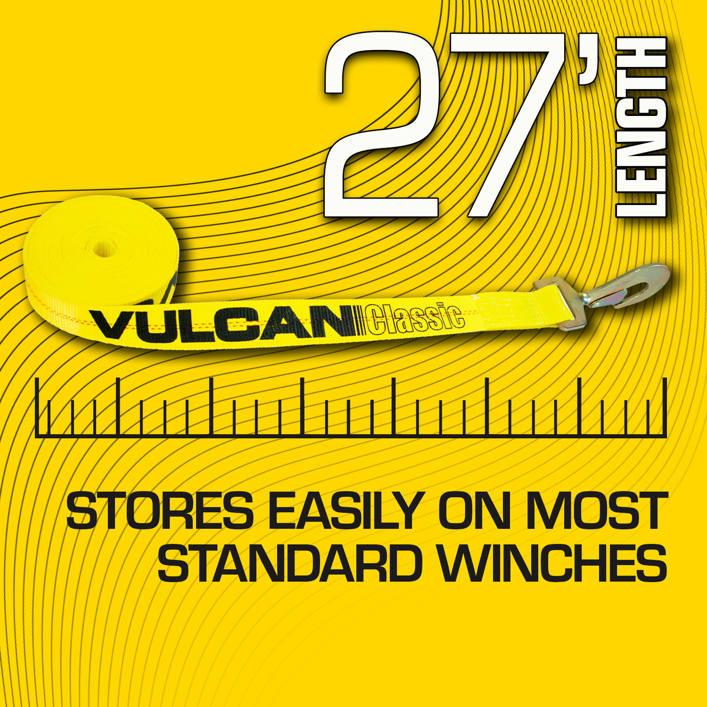 VULCAN Winch Strap with Wire Hook - 4 Inch x 27 Foot - Classic Yellow - 5,000 Pound Safe Working Load