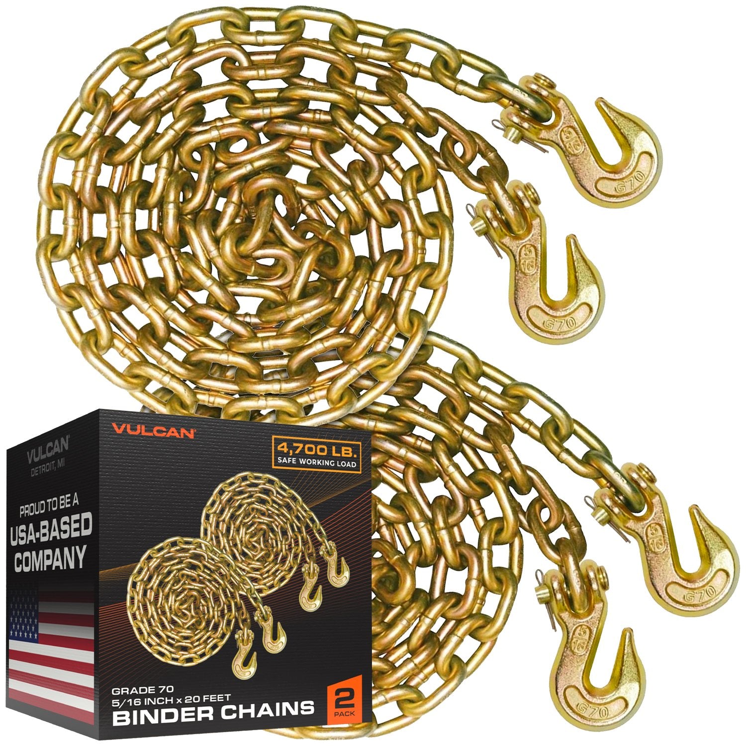 5 lb hook weights Vulcan Binder Chain with Clevis Grab Hooks - Grade 70 - 5/16 Inch x 20 Foot - 2 Pack