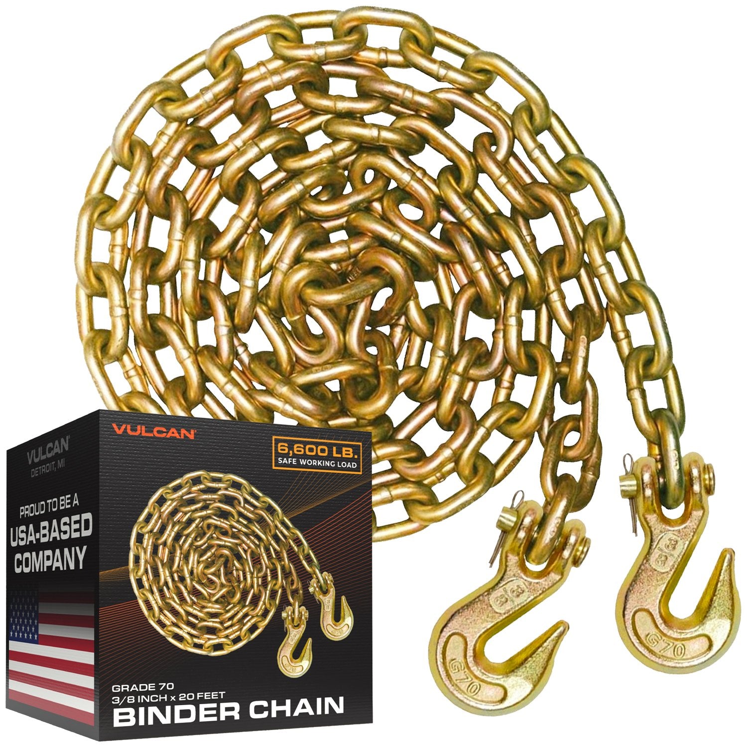 VULCAN Binder Chain with Clevis Grab Hooks - Grade 70 - 3/8 Inch x 20 Foot VULCAN Binder Chain with Clevis Grab Hooks - Grade 70 - 3/8 Inch x 20 Foot