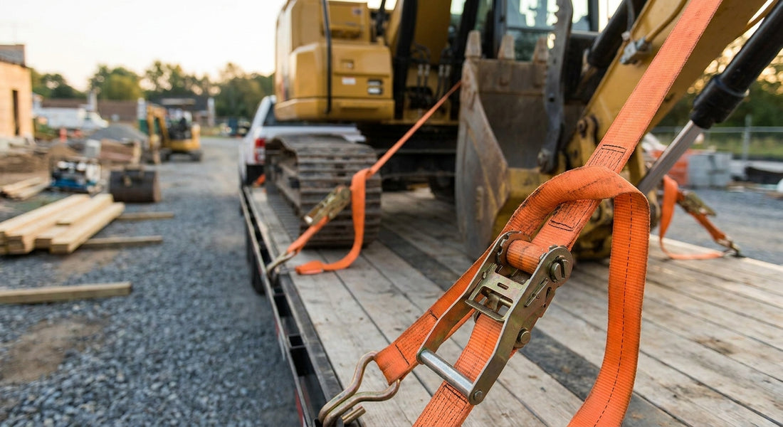 Heavy duty ratchet straps for construction equipment hauling