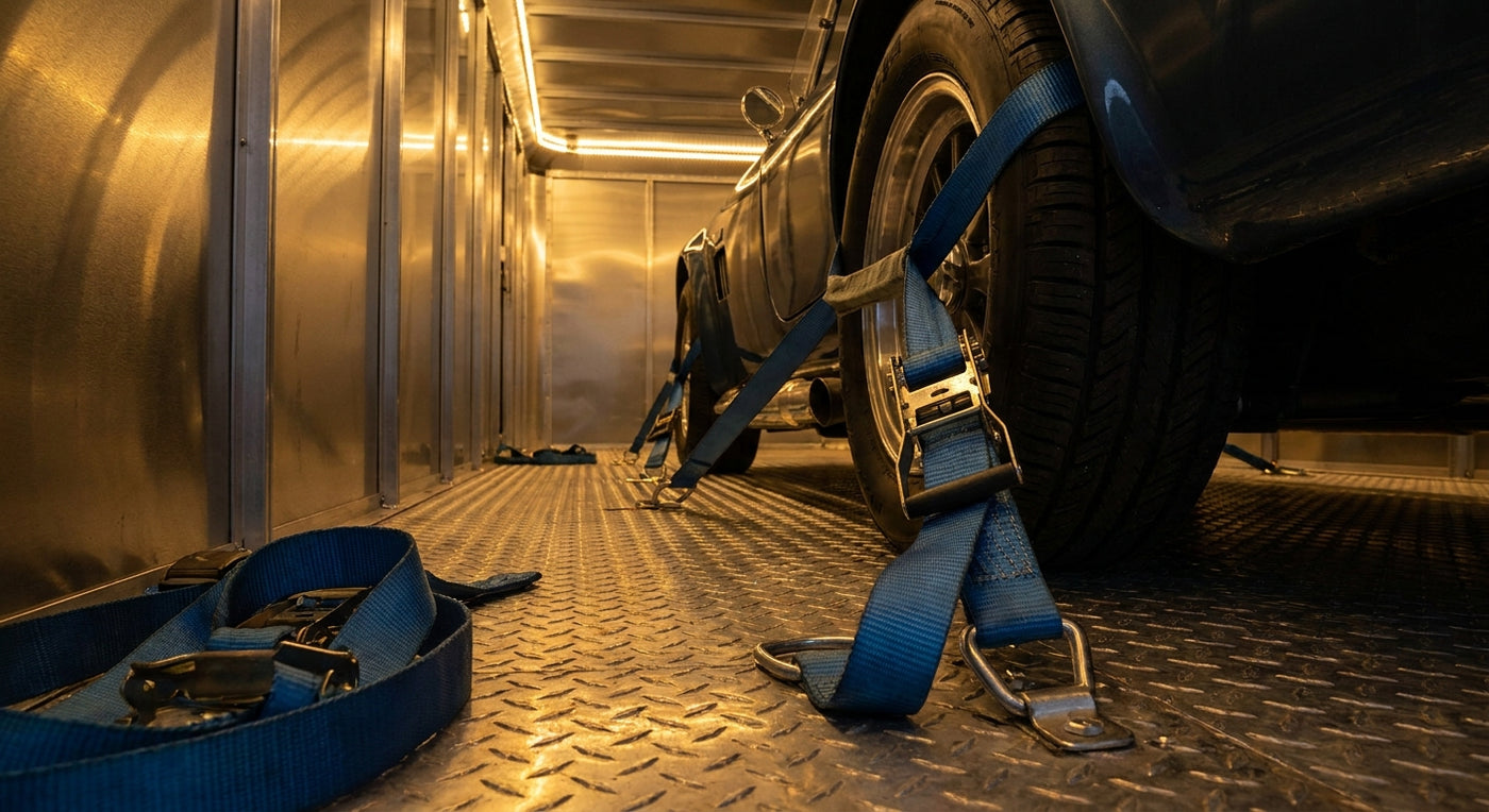 Car hauler straps for enclosed trailers