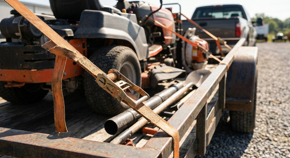 Tie-down straps for landscaping equipment trailers