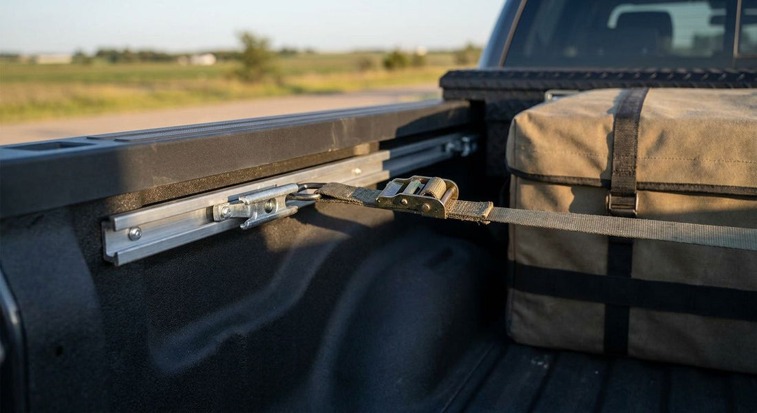 Truck bed tie-down rails for pickup cargo management