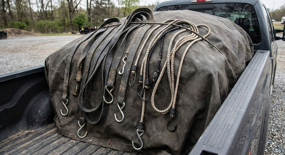 Tarp straps and bungee cords for load covering