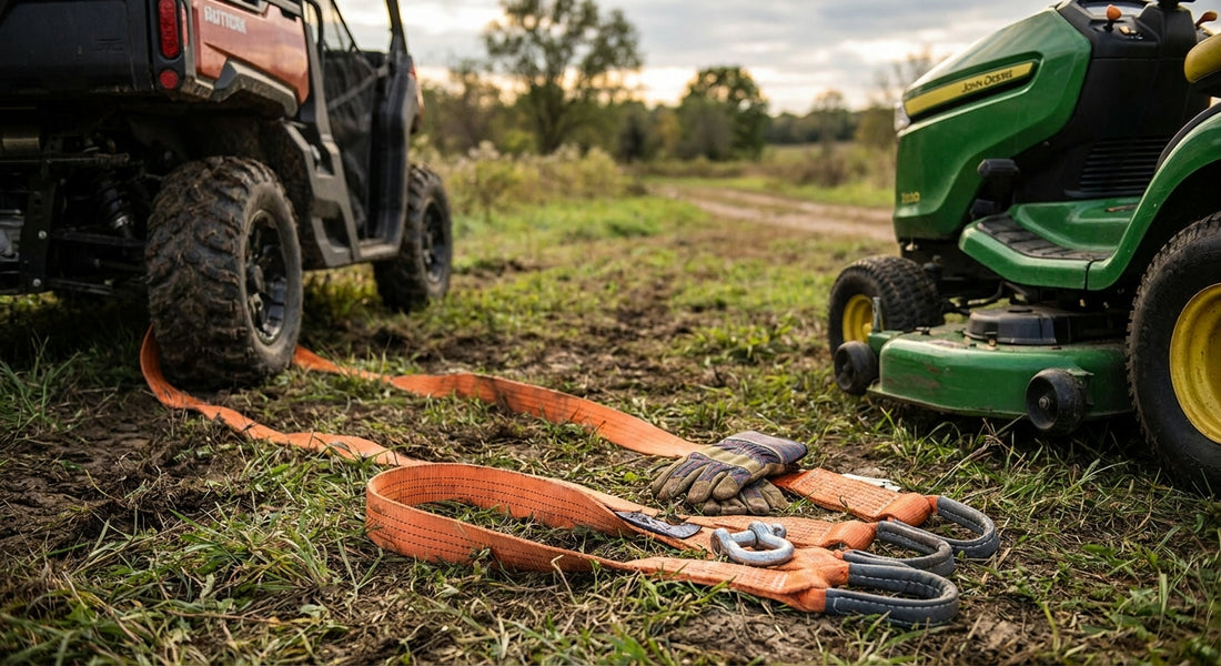 Recovery straps for pulling stuck riding mowers and UTVs