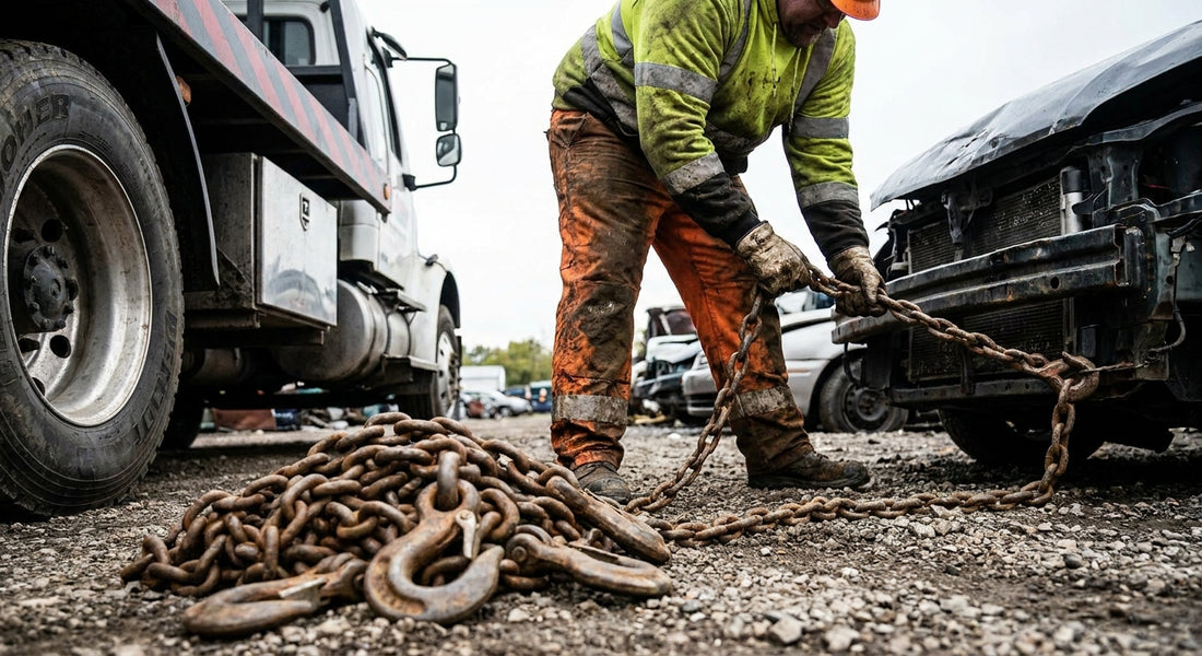 Tow chains for scrap yard and salvage recovery operations
