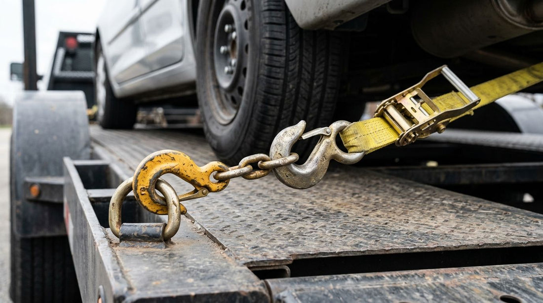 How to connect tow hook chains to ratchet straps for car haulers