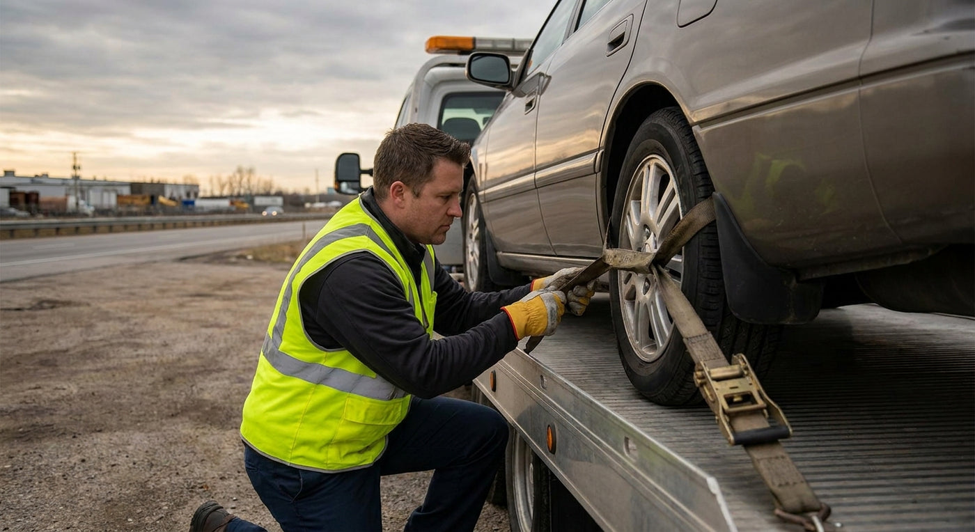 How to secure a car on a flatbed with straps