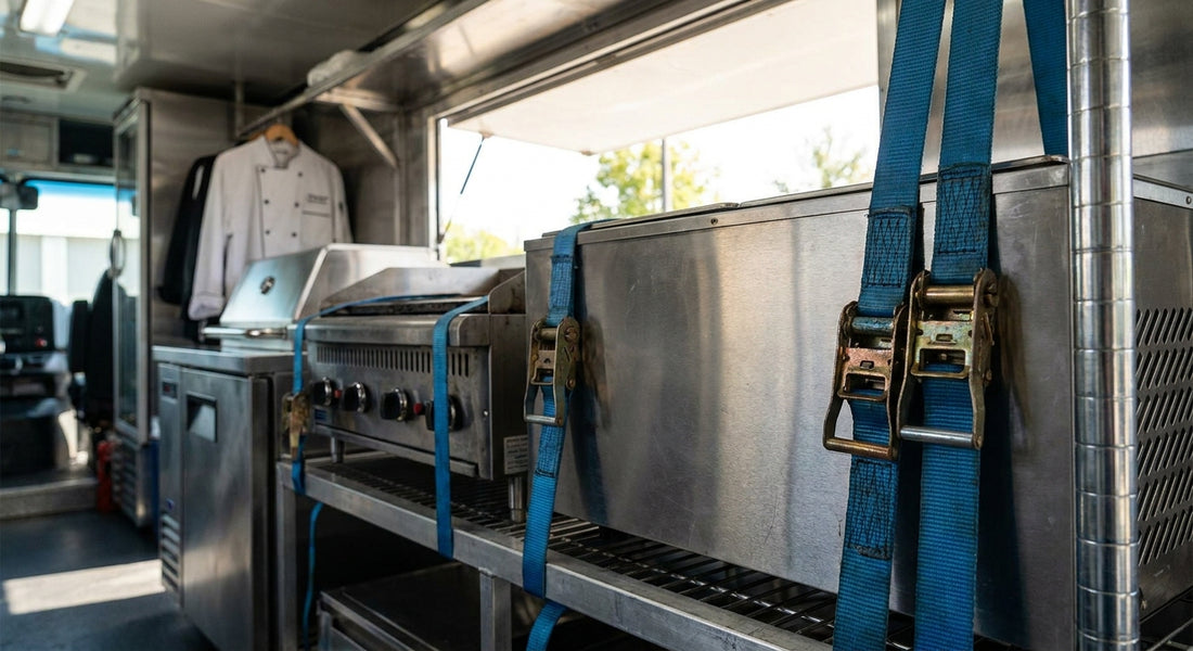 Ratchet straps for food truck and mobile catering equipment