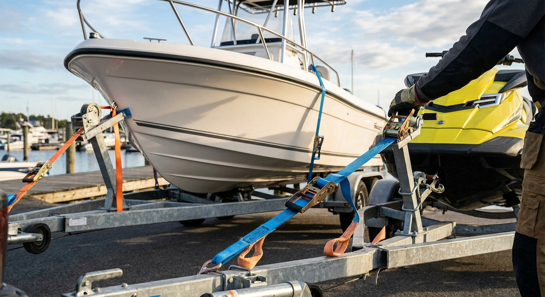 Ratchet straps for boat and personal watercraft trailers