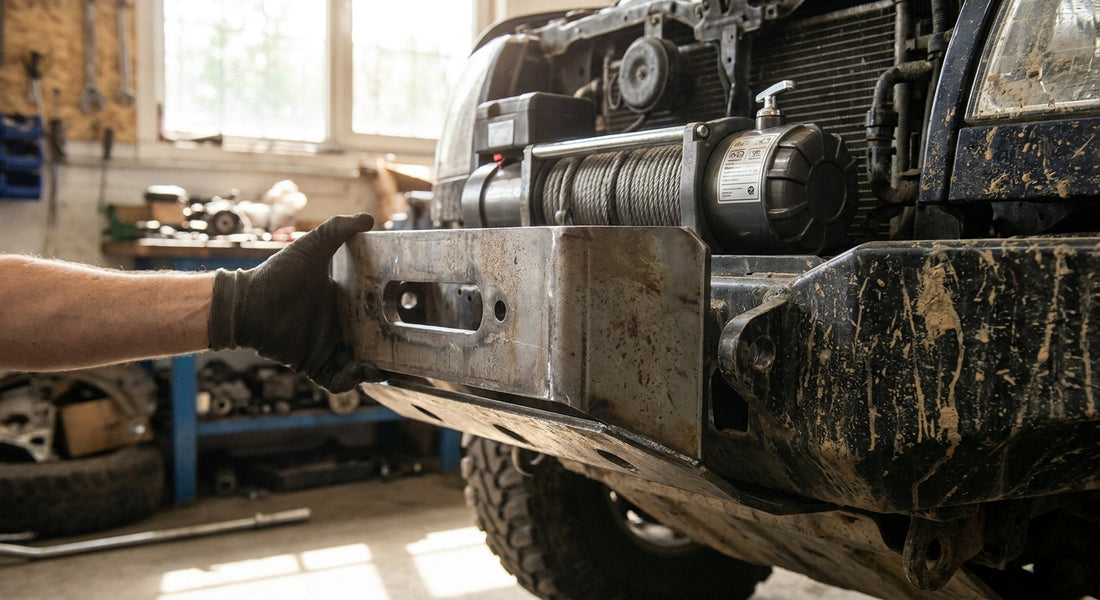 Winch mounting plates for truck bumpers