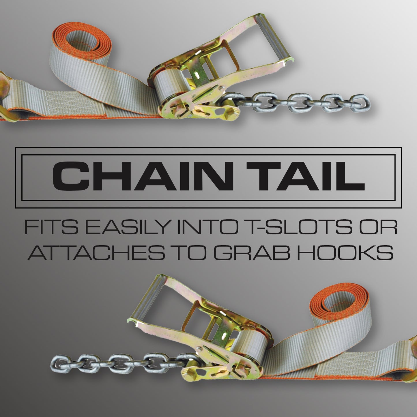 VULCAN Axle Tie Down Combo Strap - Chain Tail Ratchet - 2 x 114 Inch - 4 Pack - Silver Series - 3,300 Pound Safe Working Load