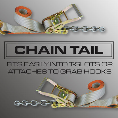 VULCAN Axle Tie Down Combo Strap - Chain Tail Ratchet - 2 x 114 Inch - 4 Pack - Silver Series - 3,300 Pound Safe Working Load