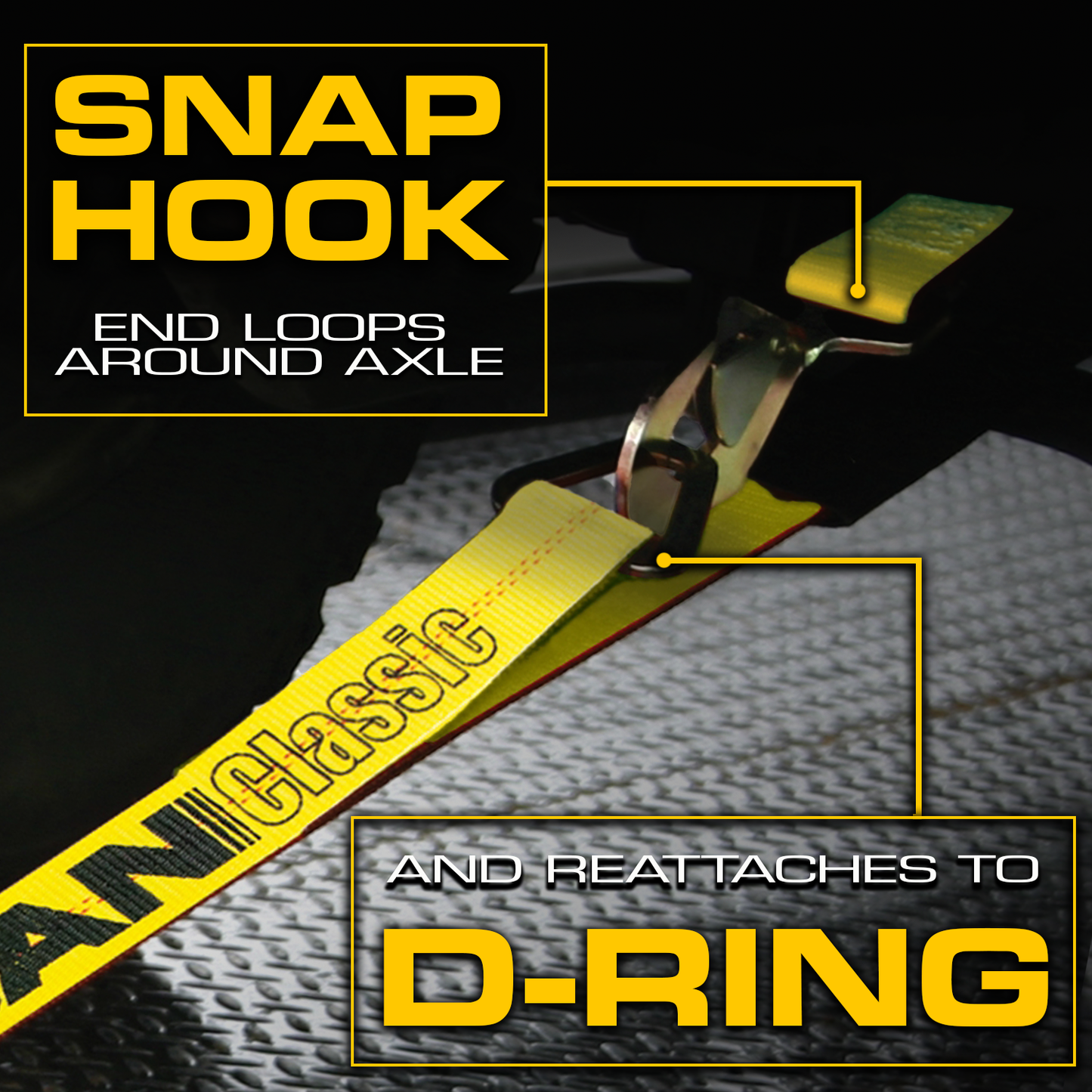 VULCAN Axle Tie Down Combo Strap with Snap Hook Ratchet - 2 Inch x 114 Inch - 4 Pack - Classic Yellow - 3,300 Pound Safe Working Load