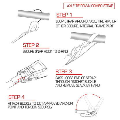 VULCAN Axle Tie Down Combo Strap with Snap Hook Ratchet - 2 Inch x 114 Inch - 4 Pack - PROSeries - 3,300 Pound Safe Working Load