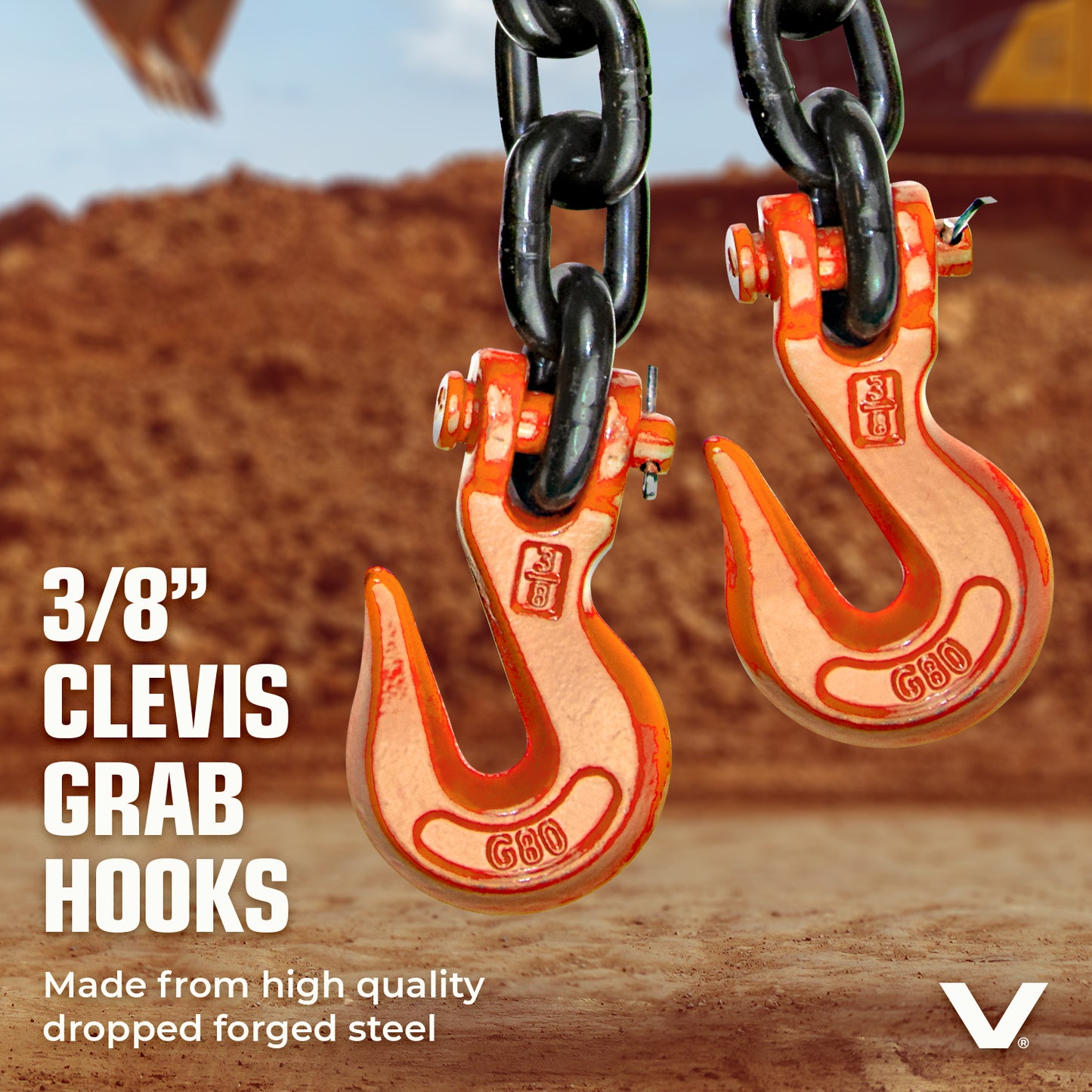 VULCAN Binder Chain Tie Down with Grab Hooks - Grade 80 - 3/8 Inch x 20 Foot - 7,100 Pound Safe Working Load