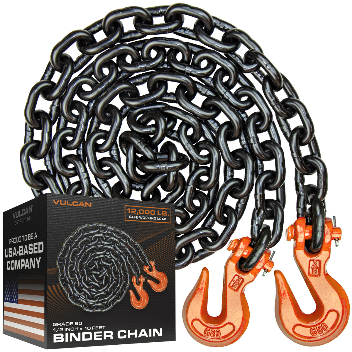 VULCAN Binder/Safety Chain Tie Down with Grab Hooks - Grade 80 - 1/2 Inch x 10 Foot - 12,000 Pound Safe Working Load