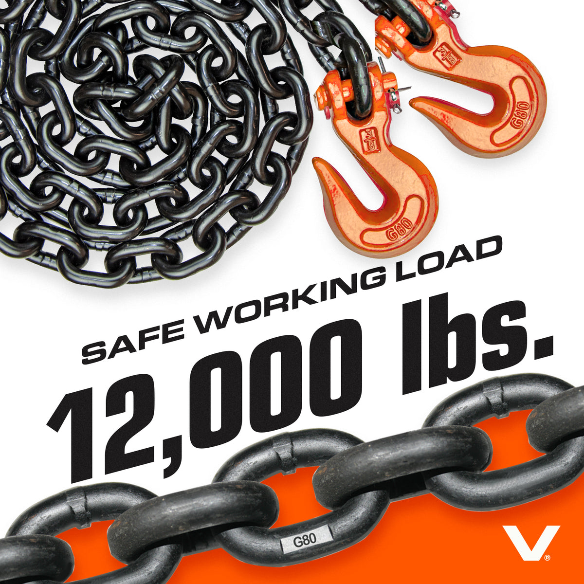 VULCAN Binder/Safety Chain Tie Down with Grab Hooks - Grade 80 - 1/2 Inch x 10 Foot - 12,000 Pound Safe Working Load