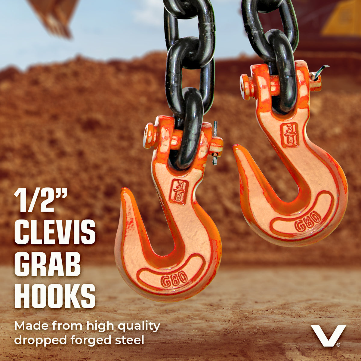 VULCAN Binder/Safety Chain Tie Down with Grab Hooks - Grade 80 - 1/2 Inch x 10 Foot - 12,000 Pound Safe Working Load