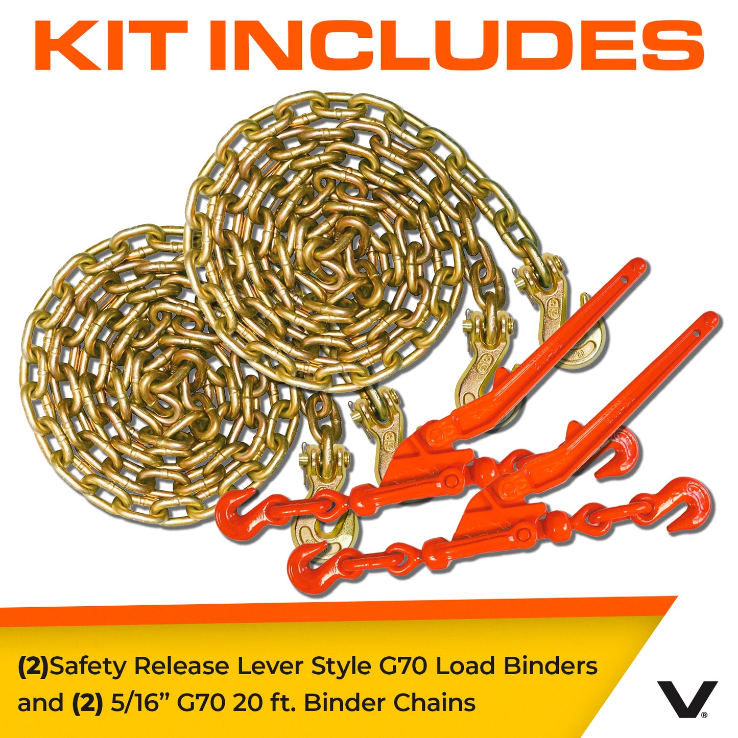 VULCAN Chain and Load Binder Kit - Grade 70 - 5/16 Inch x 20 Foot - 4,700 Pound Safe Working Load