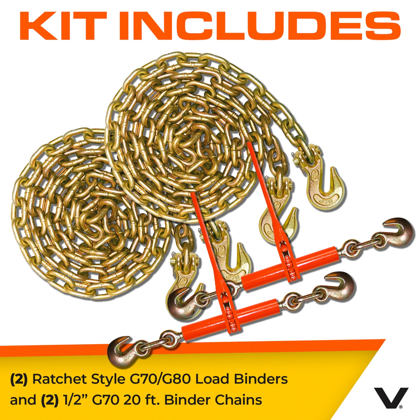 VULCAN Chain and Load Binder Kit - (2) Grade 70 1/2 Inch x 20 Foot Chains And (2) Ratchet Load Binders - 9,200 Pound Safe Working Load