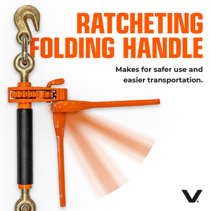 VULCAN Folding Handle Load Binder (Two Pack) with Grab Hook/Slip Hook - Ratchet Style - 6,600 Pound Safe Working Load (Works with 5/16 Inch or 3/8 Inch Grade 70 and Grade 80 Chain) - 4 Pack