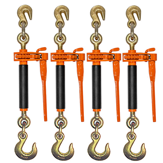 VULCAN Folding Handle Load Binder (Two Pack) with Grab Hook/Slip Hook - Ratchet Style - 6,600 Pound Safe Working Load (Works with 5/16 Inch or 3/8 Inch Grade 70 and Grade 80 Chain) - 4 Pack