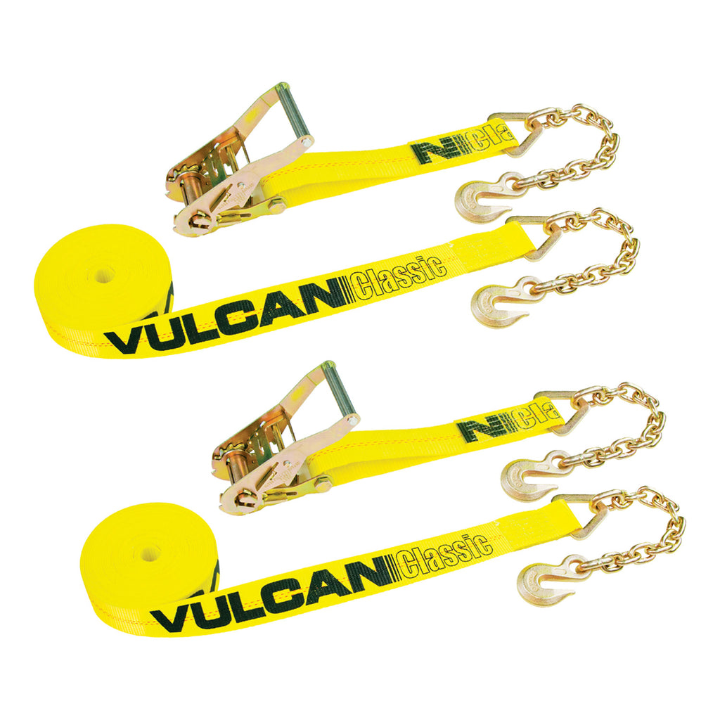 VULCAN Ratchet Strap with Chain Anchors - 2 Pack - Classic Yellow - 2 Inch x 27 Foot - 3,600 Pound Safe Working Load