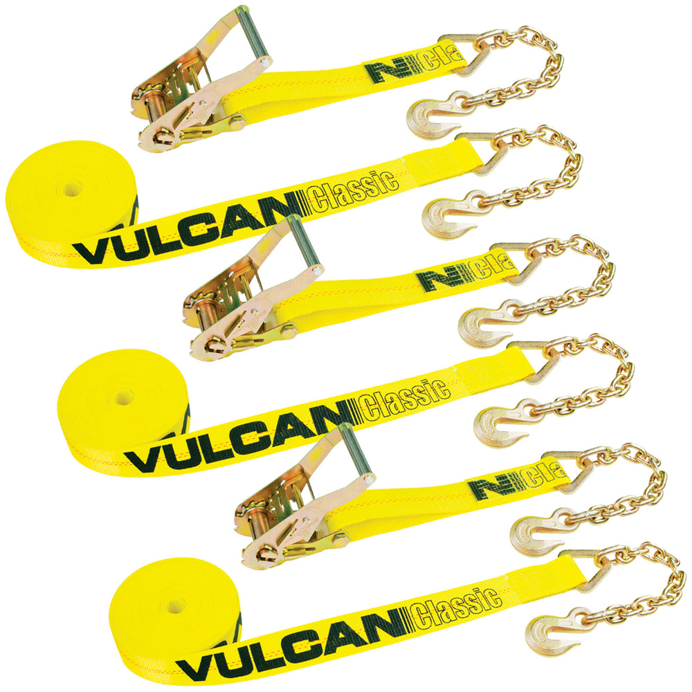 VULCAN Ratchet Strap with Chain Anchors - Classic Yellow - 2 Inch x 27 Foot - Case of 3 - 3,600 Pound Safe Working Load