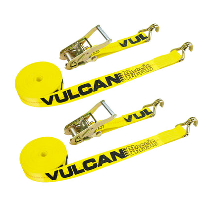 VULCAN Ratchet Strap with Wire Hooks – 2 Inch x 27 Foot – 2 Pack – Classic Yellow – 3,300 lb Safe Working Load