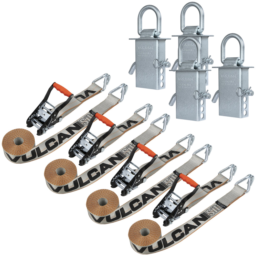 VULCAN Wire Hook Ratchet Strap and Stake Pocket D Ring Kit - 2 Inch x 15 Foot - Silver Series
