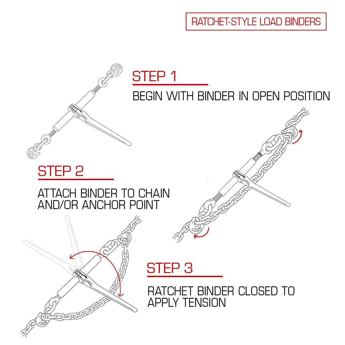 VULCAN Folding Handle Load Binder (Four Pack) with 2 Grab Hooks - Ratchet Style - 12000 Pound Safe Working Load (Works with 3/8 Inch Grade 70, 80 and 100 or 1/2” Grade 43 Chain)