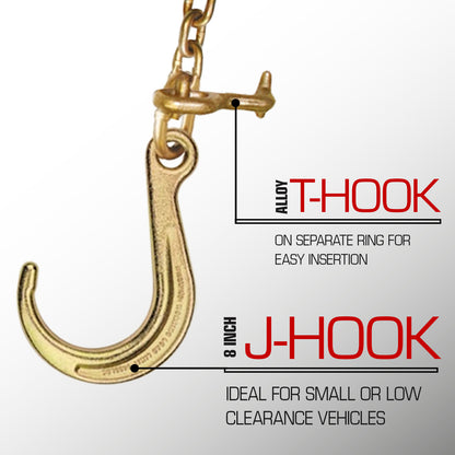 VULCAN Towing Chain Bridle - 8 Inch J Hooks - Alloy T Hooks - Grade 70 Chain - 40 Inches - 4,700 Pound Safe Working Load