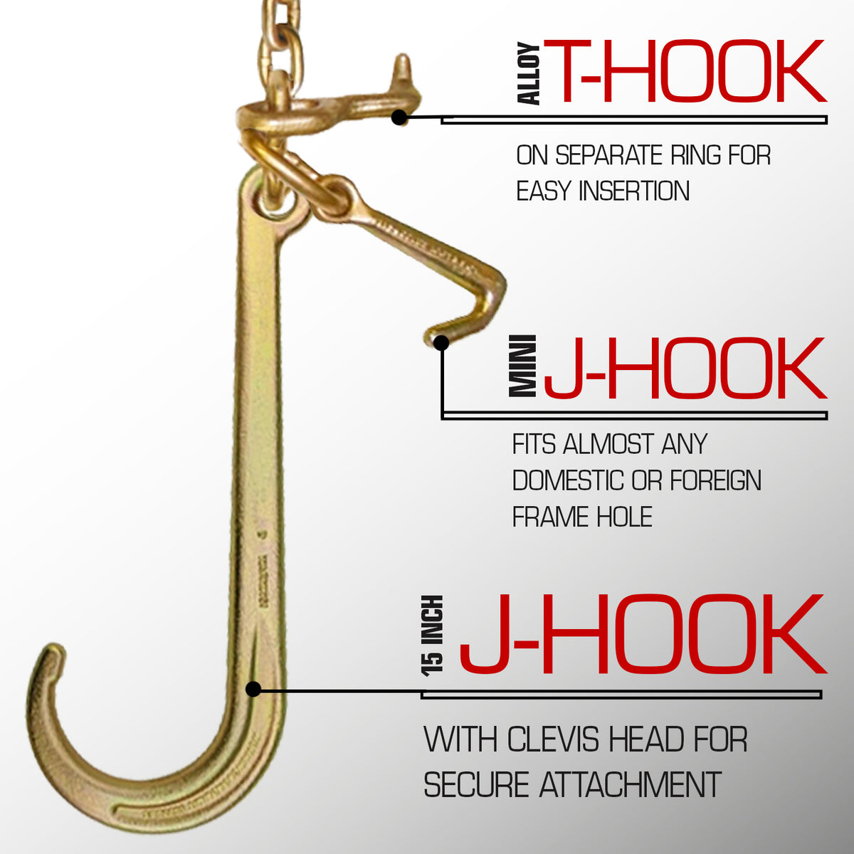 VULCAN Towing Chain Bridle - 15 and 4 Inch J and T Hooks - Grade 70 Chain - 47 Inch - 4,700 Pound Safe Working Load