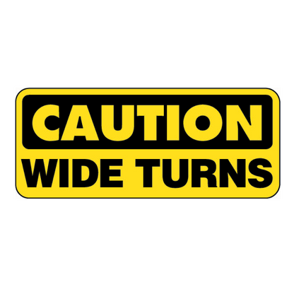 Safety Decal: Caution Wide Turns with Truck Image