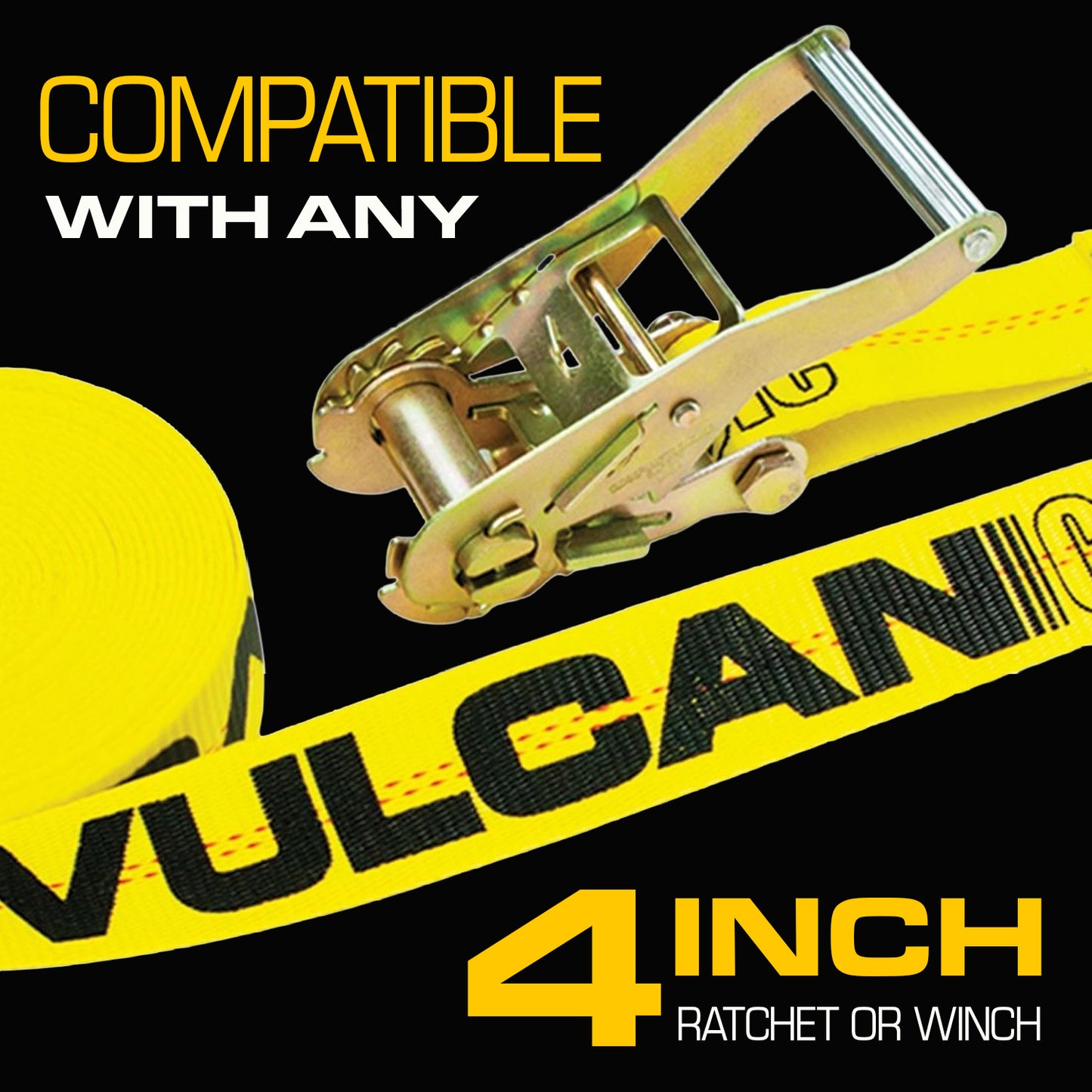 VULCAN Winch Strap with Flat Hook - 4 Inch x 30 Foot - 4 Pack - 5,000 Pound Safe Working Load