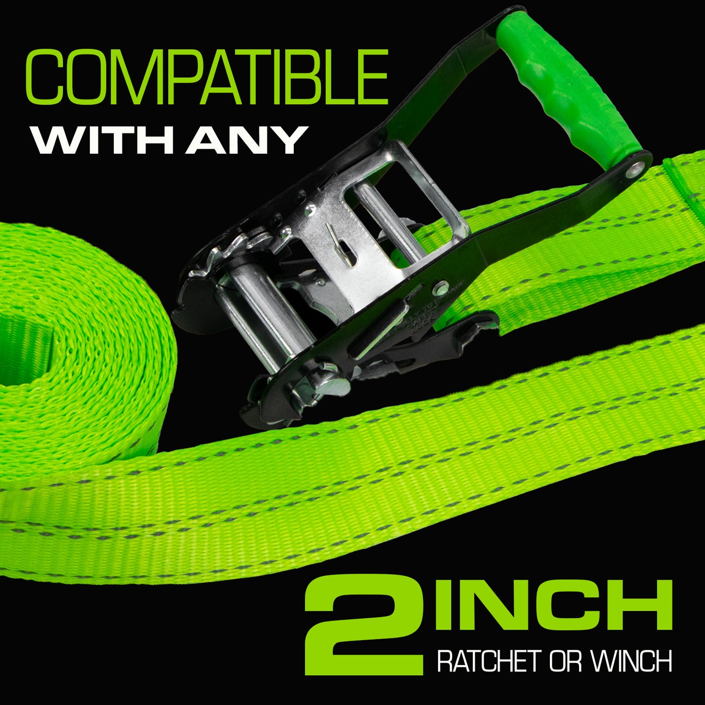 VULCAN Winch Strap with Heavy Wire Hook - 2 Inch x 15 Foot - 4 Pack - High-Viz - 3,300 Pound Safe Working Load
