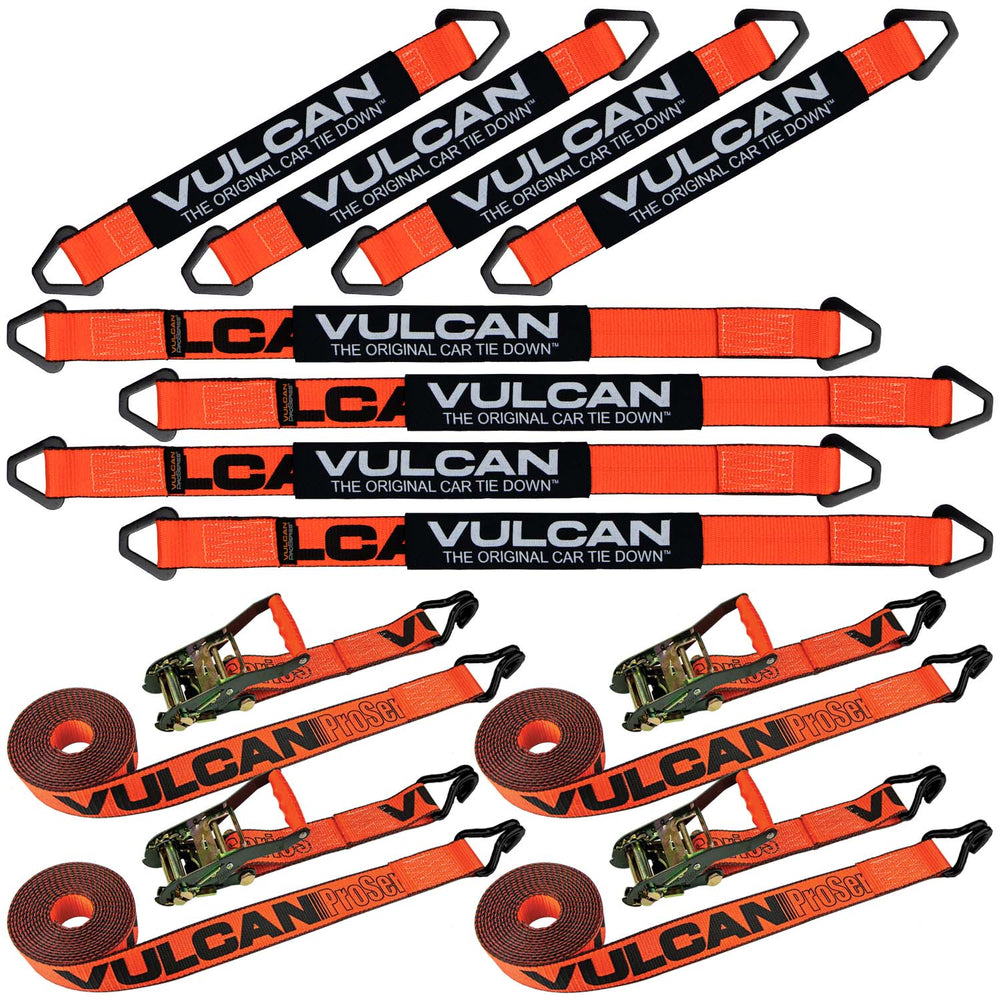 VULCAN Complete Axle Strap Tie Down Kit with Wire Hook Ratchet Straps - PROSeries - Includes (4) 22 Inch Axle Straps, (4) 36 Inch Axle Straps, and (4) 15' Wire J Hook Ratchet Straps