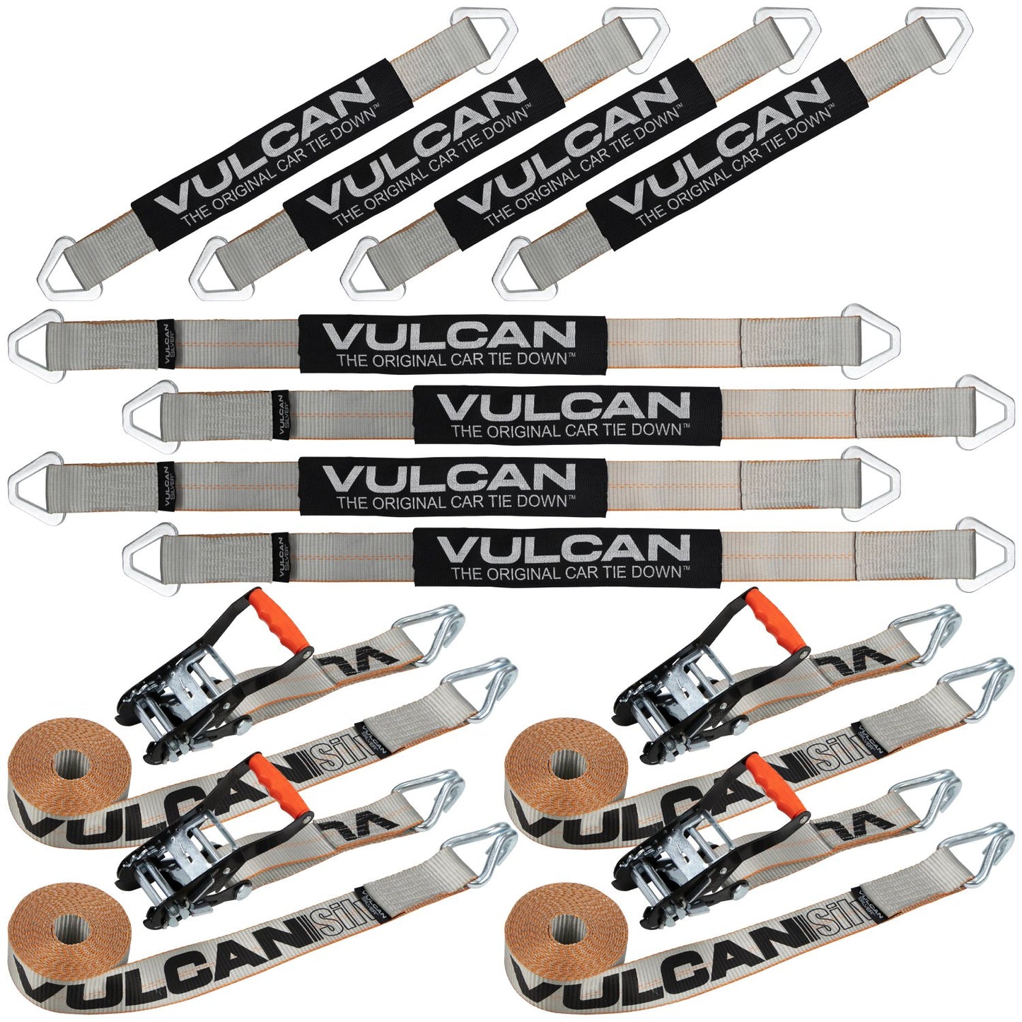 VULCAN Complete Axle Strap Tie Down Kit with Wire J-Hook Ratchet Straps - Silver Series Webbing - Includes (4) 22 And (4) 36 Inch Axle Tie Downs, And (4) 8' Wire Hook Straps