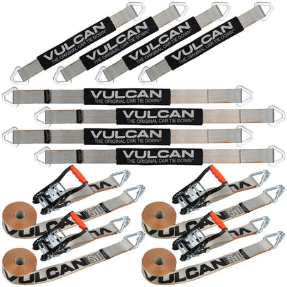 VULCAN Complete Axle Strap Tie Down Kit with Wire J-Hook Ratchet Straps - Silver Series Webbing - Includes (4) 22 And (4) 36 Inch Axle Tie Downs, And (4) 8' Wire Hook Straps