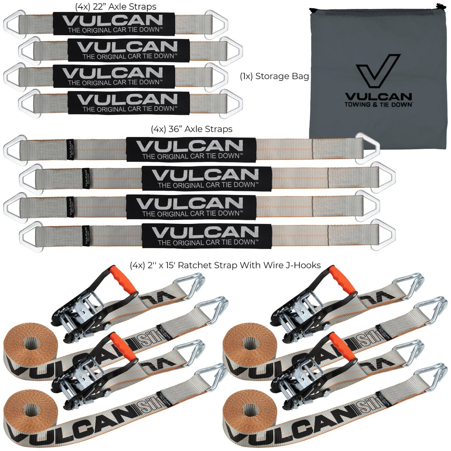 VULCAN Complete Axle Strap Tie Down Kit with Wire J-Hook Ratchet Straps - Silver Series Webbing - Includes (4) 22 And (4) 36 Inch Axle Tie Downs, And (4) 8' Wire Hook Straps
