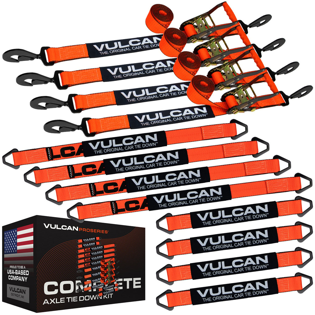 VULCAN Complete Axle Strap Tie Down Kit with Snap Hook Ratchet Straps - Heavy Duty Optic Orange ProSeries Webbing - Includes (4) 22 And (4) 36 Inch Axle Tie Downs, And (4) 8' Snap Hook Straps