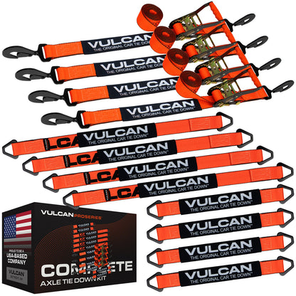 VULCAN Complete Axle Strap Tie Down Kit with Snap Hook Ratchet Straps - Heavy Duty Optic Orange ProSeries Webbing - Includes (4) 22 And (4) 36 Inch Axle Tie Downs, And (4) 8' Snap Hook Straps