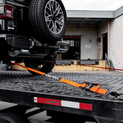VULCAN Complete Axle Strap Tie Down Kit with Snap Hook Ratchet Straps - Heavy Duty Optic Orange ProSeries Webbing - Includes (4) 22 And (4) 36 Inch Axle Tie Downs, And (4) 8' Snap Hook Straps