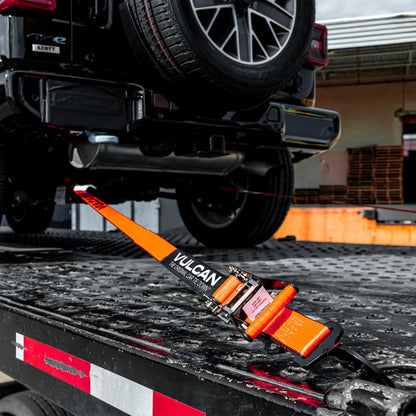 VULCAN Complete Axle Strap Tie Down Kit with Snap Hook Ratchet Straps - Heavy Duty Optic Orange ProSeries Webbing - Includes (4) 22 And (4) 36 Inch Axle Tie Downs, And (4) 8' Snap Hook Straps
