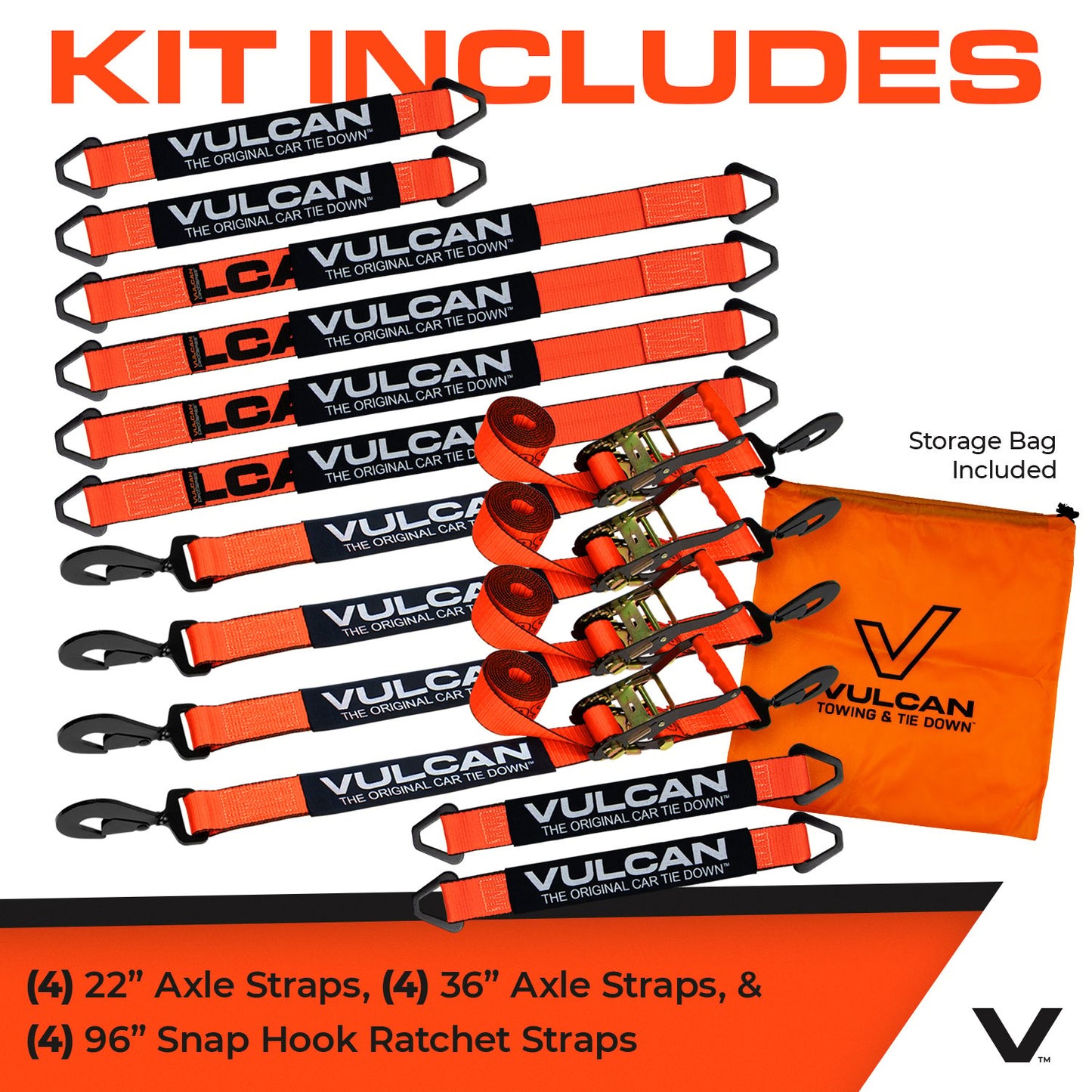 VULCAN Complete Axle Strap Tie Down Kit with Snap Hook Ratchet Straps - Heavy Duty Optic Orange ProSeries Webbing - Includes (4) 22 And (4) 36 Inch Axle Tie Downs, And (4) 8' Snap Hook Straps