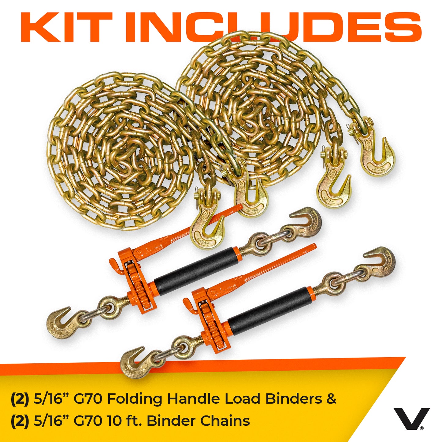 VULCAN Chain and Load Binder Kit - (2) Grade 70 5/16 Inch x 10 Foot Chains And (2) Folding Handle Load Binders - 4,700 Pound Safe Working Load