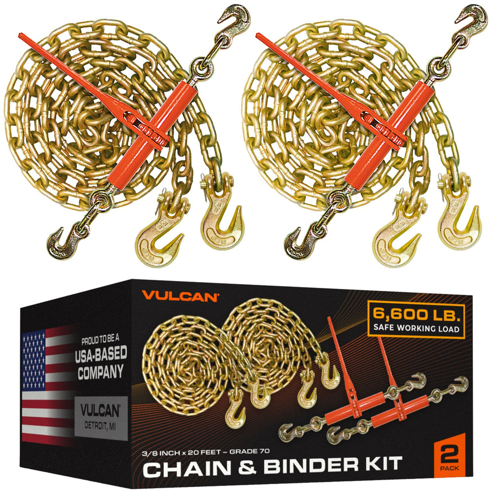 VULCAN Chain and Load Binder Kit - (2) Grade 70 3/8 Inch x 20 Foot Chains And (2) Ratchet Load Binders - 6,600 Pound Safe Working Load