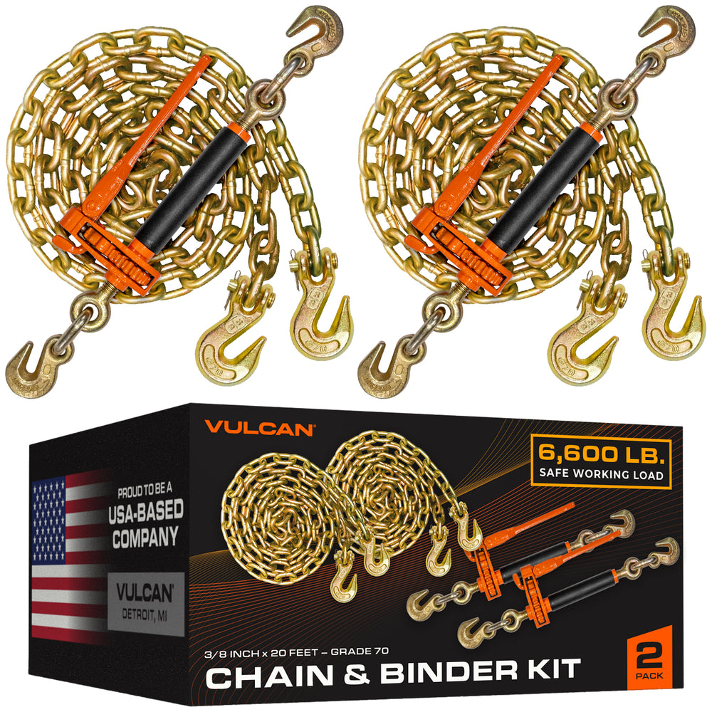 VULCAN Chain and Load Binder Kit - (2) Grade 70 3/8 Inch x 20 Foot Chains And (2) Folding Handle Load Binders - 6,600 Pound Safe Working Load